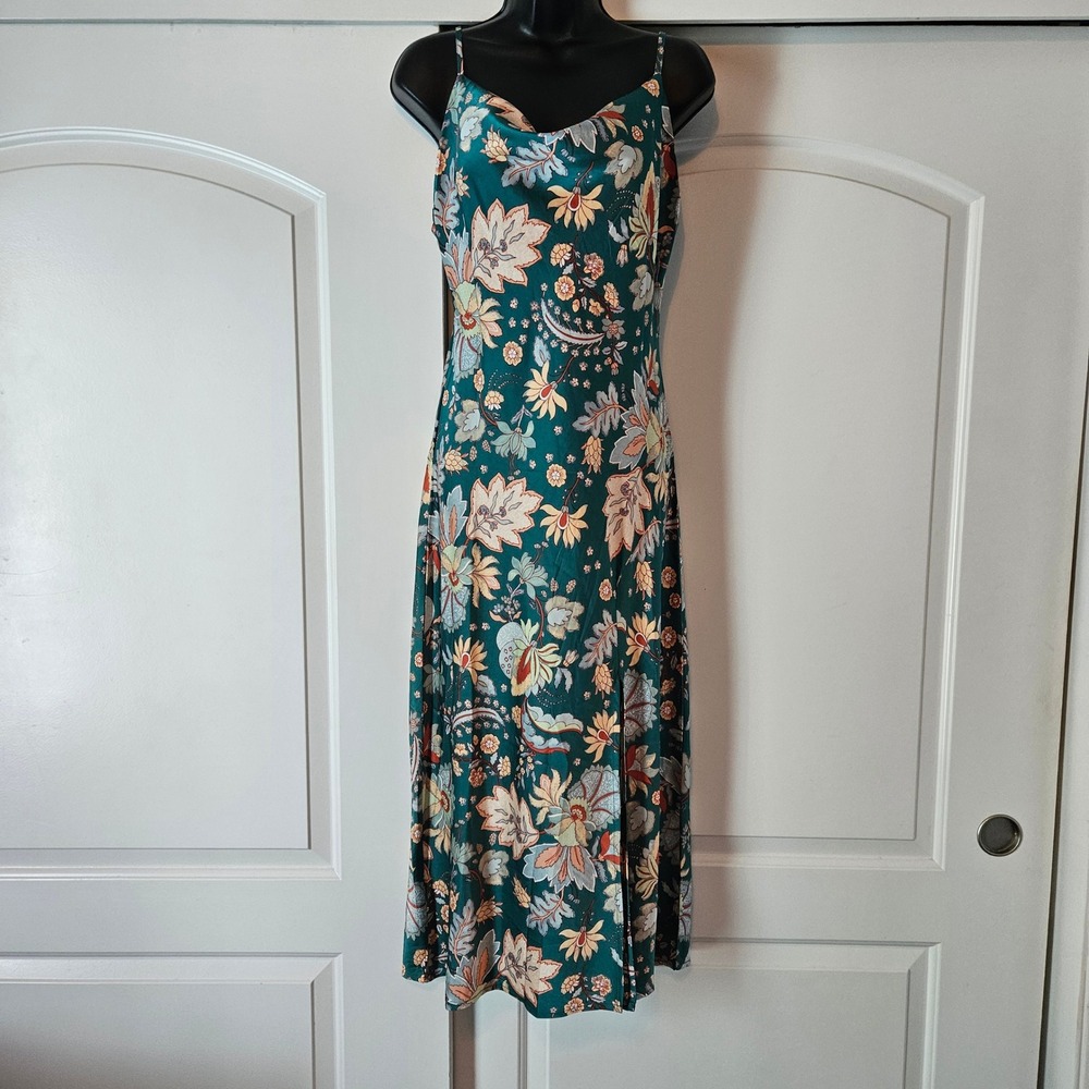 Paper Heart Slip‎ Dress Floral Satin Cowl Neck Midi Teal Green Garden Bloomcore